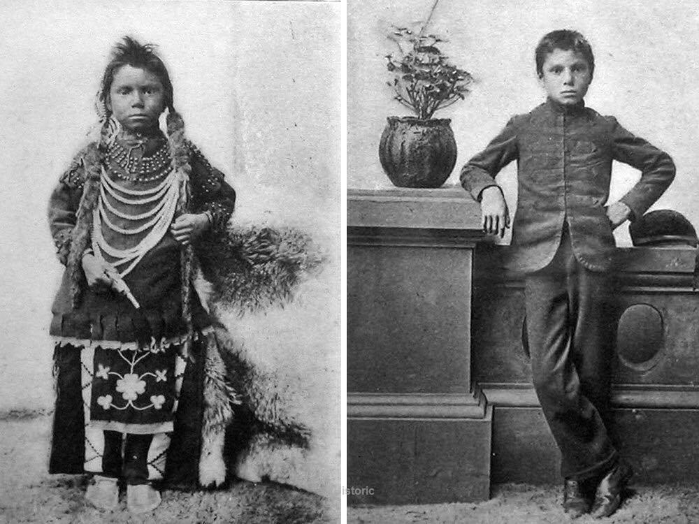 O jovem Thomas Moore antes e depois de ser matriculado na Escola Industrial Indígena, em Saskarchewan, 1890