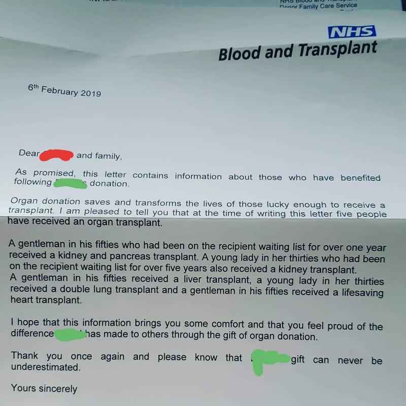 Se você morrer Reino Unido e tiver registro como doador de órgãos, a família recebe uma carta informando o destino dos seus órgãos