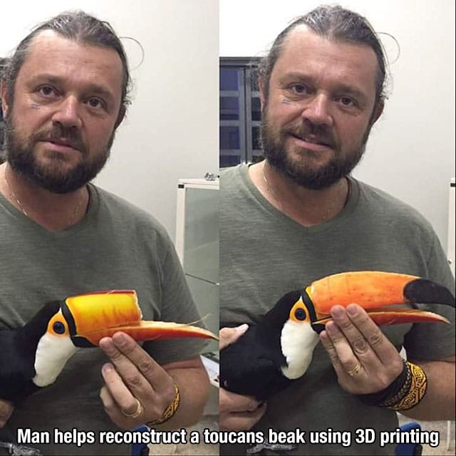 Richard Rasmussen mostrando como ficou o bico de um tucano após implante construído numa impressora 3D