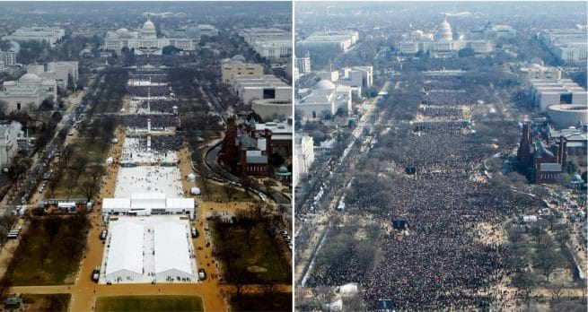 Uma comparação entre as multidões presentes nas cerimônias de tomada de posso de Donald Trump (20 de janeiro de 2017) e Barack Obama (20 de janeiro de 2009)