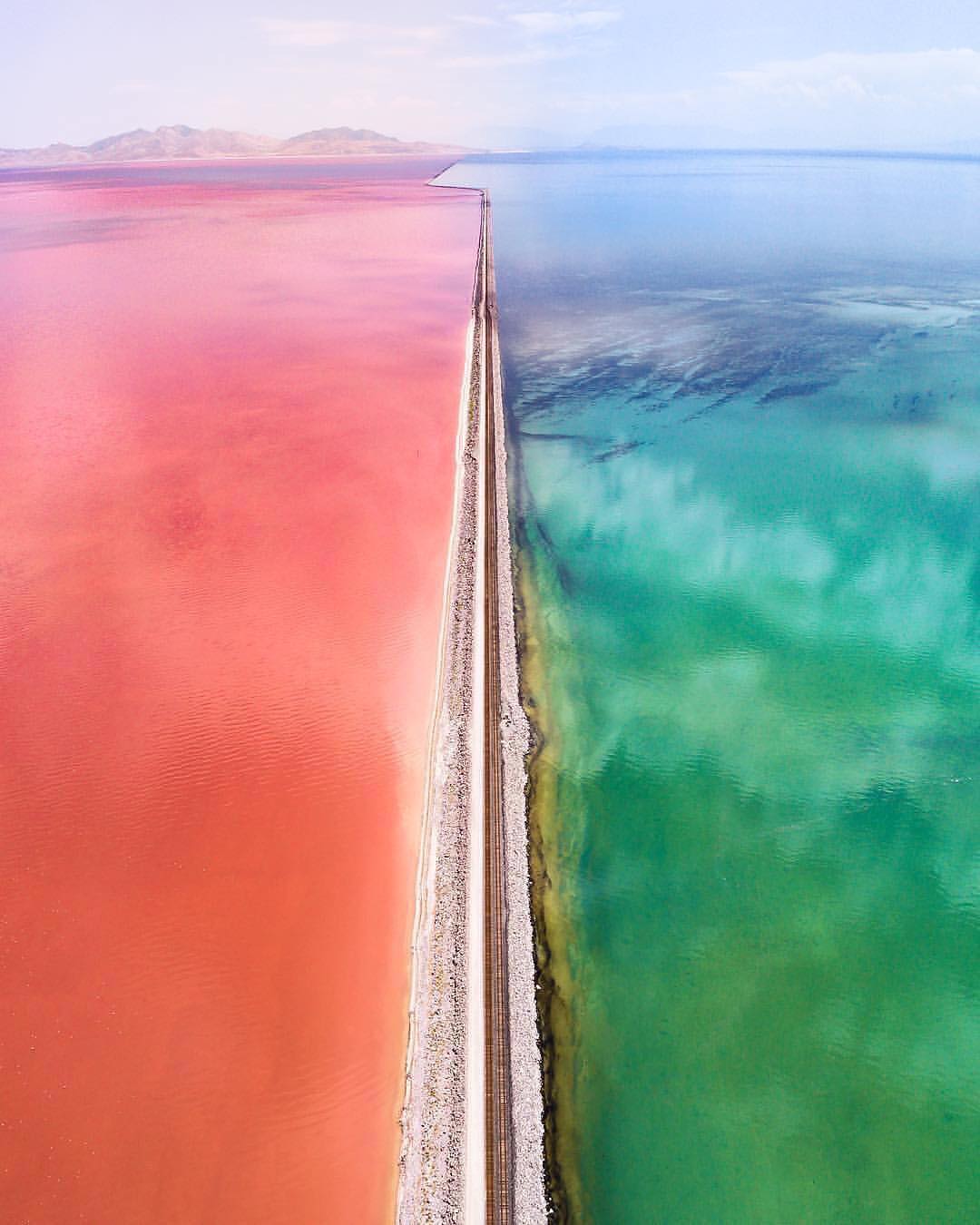 Grande lago salgado de Utah cortado por uma ferrovia. À esquerda, o lago ficou rosa devido aos camarões e algas