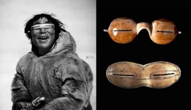 Óculos de neve, conhecidos com Iggaak. Eles são um testemunho incrível da engenhosidade do povo do ártico para prevenir a fotoqueratite. É de longe a forma mais antiga de óculos, embora sem qualquer tipo de lente corretiva