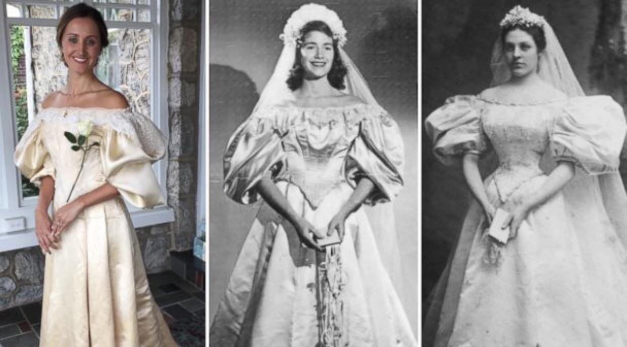 A mulher à esquerda é a 11ª noiva de sua família a usar o mesmo vestido de noiva com mais de 120 anos