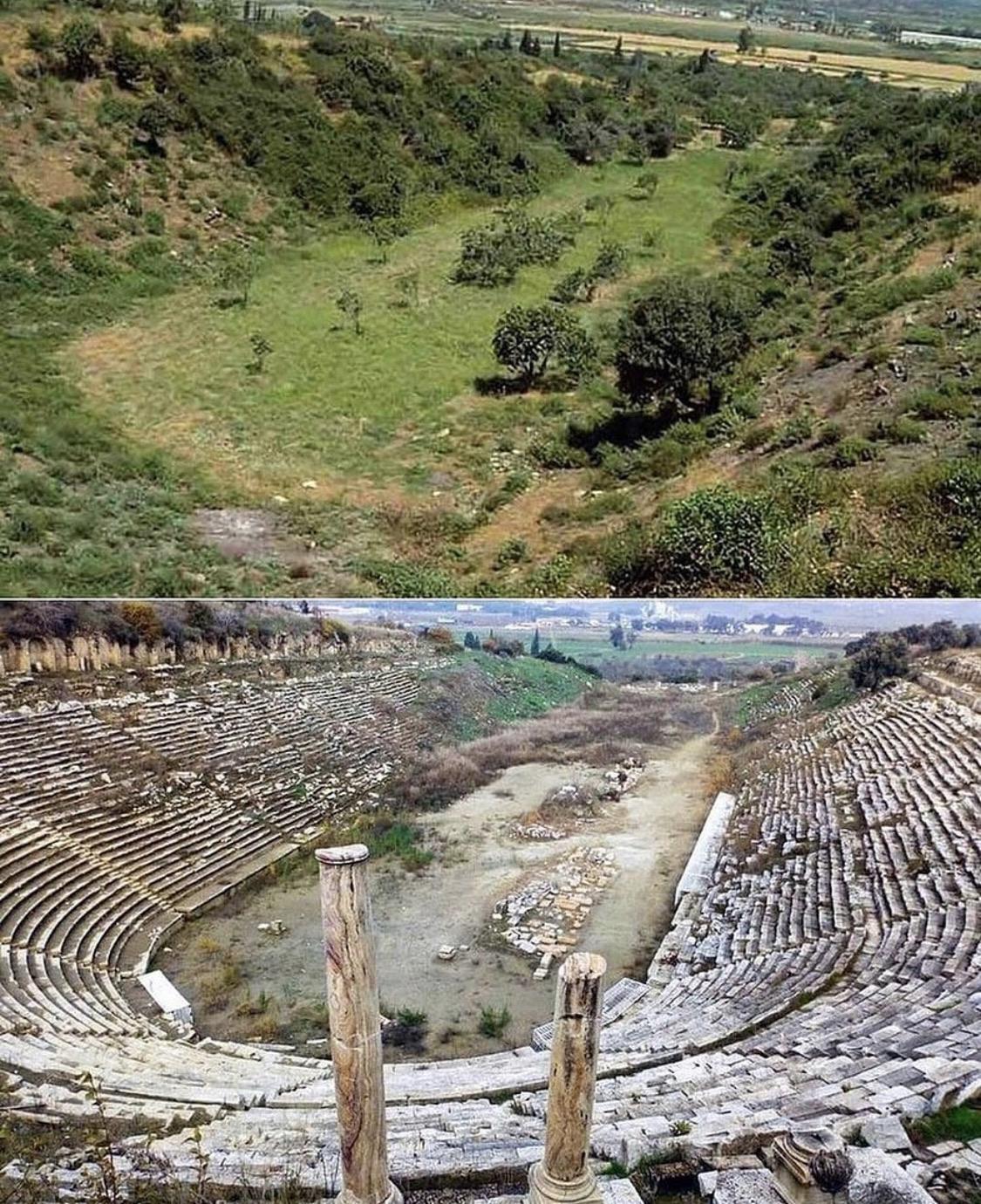 Antes e depois da escavação do maior anfiteatro a céu aberto do mundo, localizado em Magnesia, próximo à Turquia