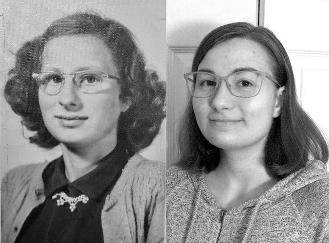 Uma mulher comparada com sua neta, separadas por 64 anos de diferença