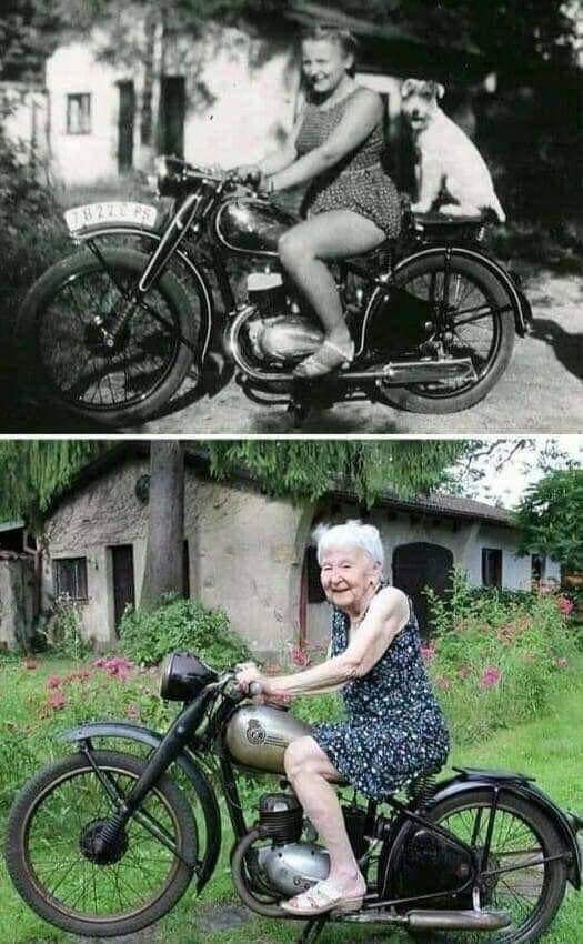 Mesma bicicleta, mesma casa, mesma árvore e mesma mulher... 71 anos depois