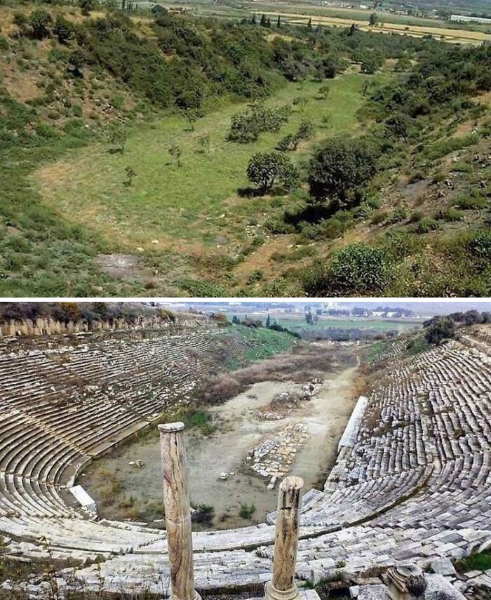 Grécia Antiga antes e depois de escavação