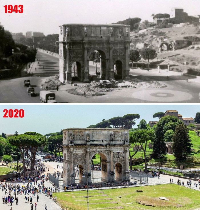 Arco de Constantino, em Roma, 1943 e hoje