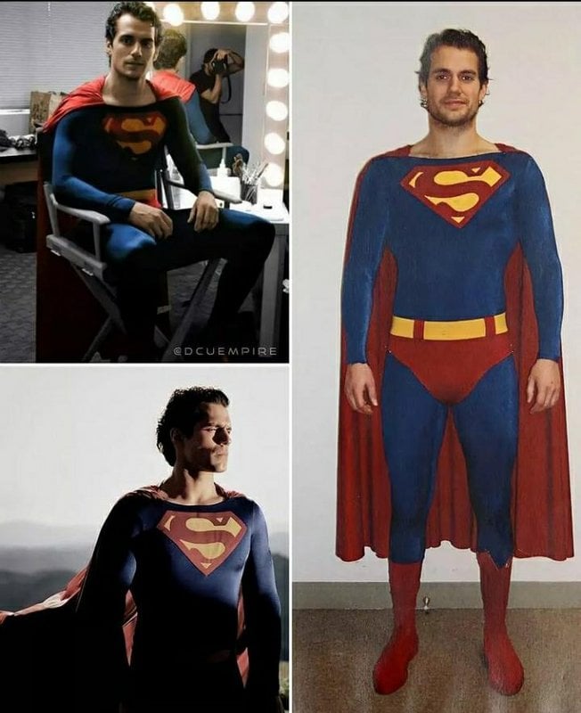 Henry Cavill vestindo o icônico traje do Superman que foi usado por Christopher Reeve para sessão de fotos.