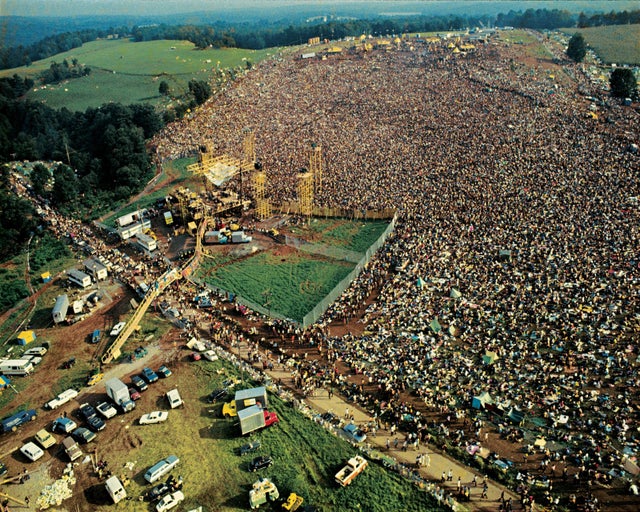 Visão aérea do festival de Woodstock, 1969.
