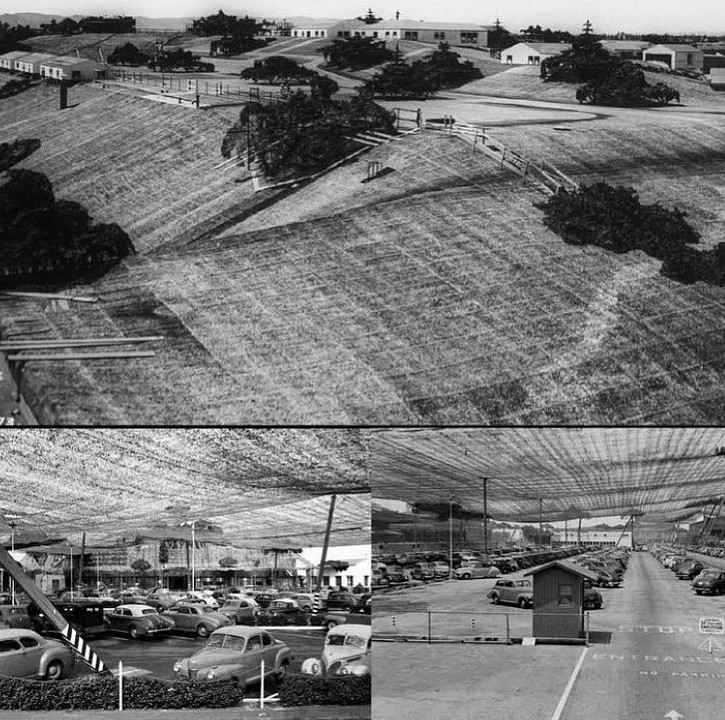 Camuflagem sobre a fábrica da Lockheed Aircraft, em Burbank, Califórnia, durante a Segunda Guerra Mundial, disfarçando-a como área rural para enganar os inimigos.