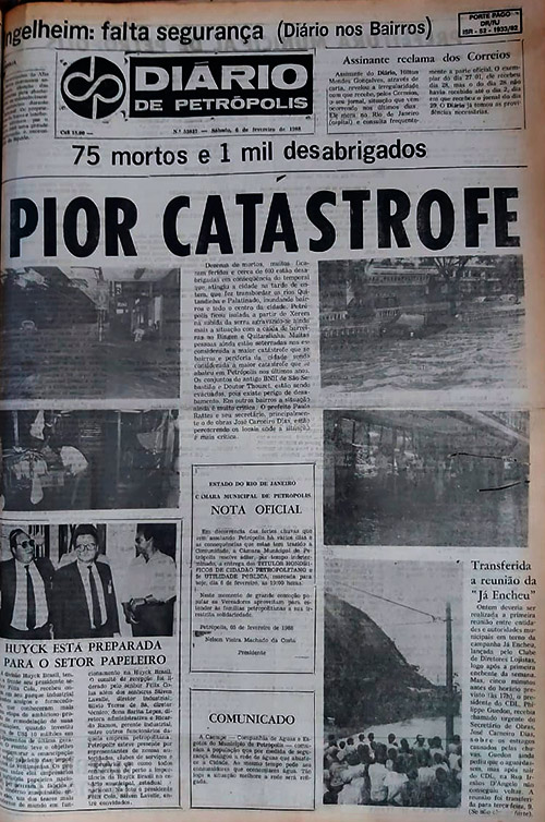 Diário de Petrólis registrando temporal que atingiu Patrópolis no dia 5 de fevereiro de 1988, provocando enchentes, deslizamentos e desabamentos, matando 134 pessoas. 33 anos depois, a tragédia voltou a assustar o país.