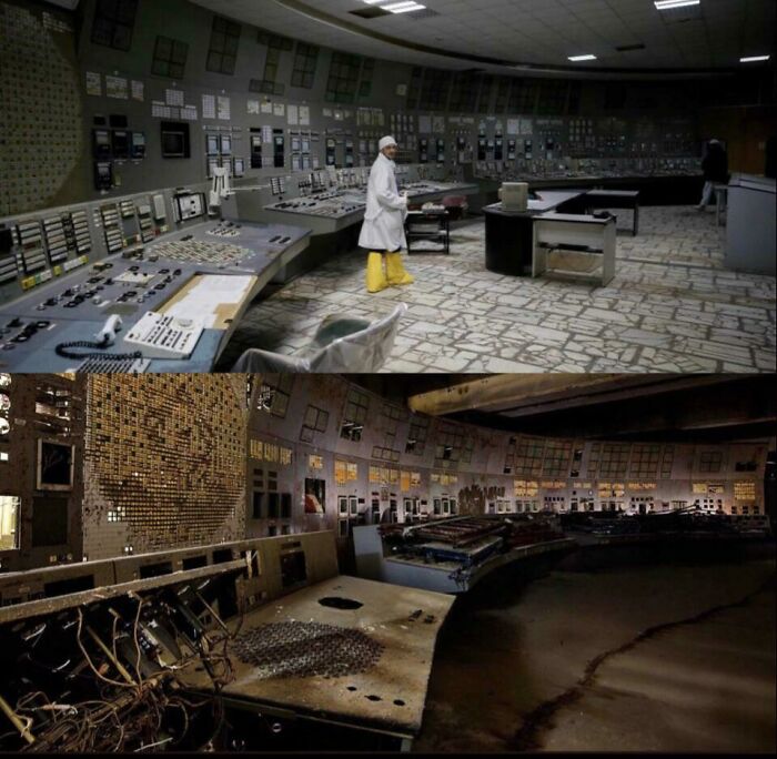 Sala de controle da usina de Chernobyl em 1986 e agora