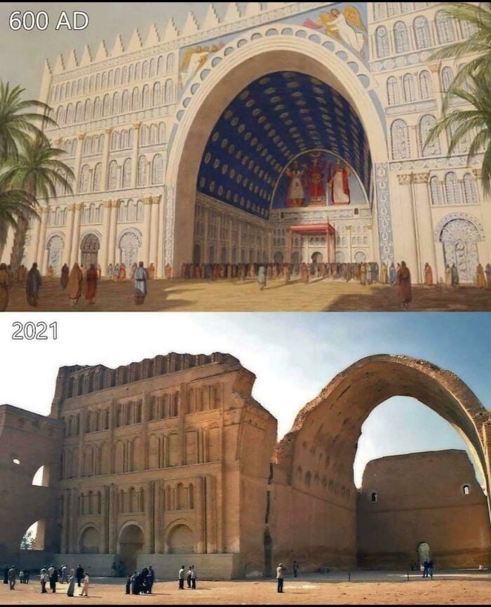 O arco de Ctesiphon como pode ter sido construído, em 600d, comparado com suas ruínas restantes hoje no Iraque