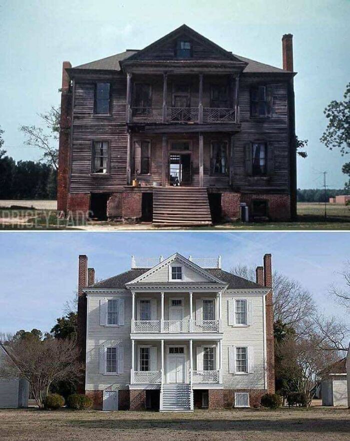 Cerca de 1803 Hope Plantation, Windsor, Carolina do Norte, antes e depois da restauração