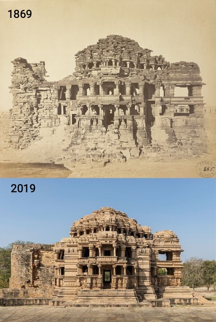 Templo Sas-Bahu, Forte Gwalior, Gwalior, Índia. 1869 e 2019. O templo foi construído em 1093