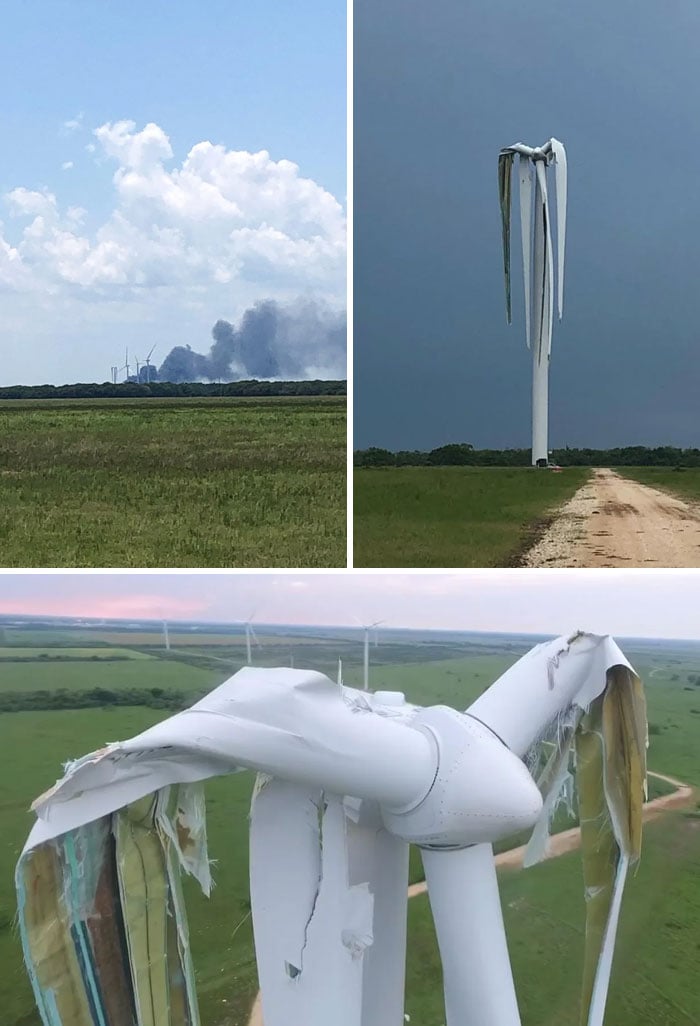 Uma turbina eólica foi destruída no Texas após ser atingida por um tornado no dia 14 de junho de 2021, causando incêndio depois que uma lâmina se partiu e aringiu um transformador