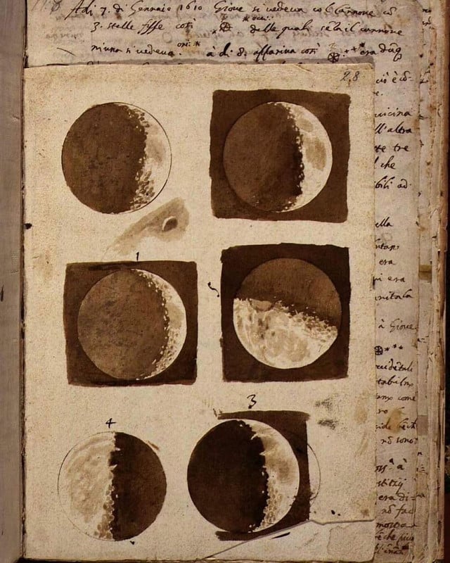 Os primeiros desenhos da lua de Galileu Galilei depois de observá-la através de seu telescópio, em 1609.
