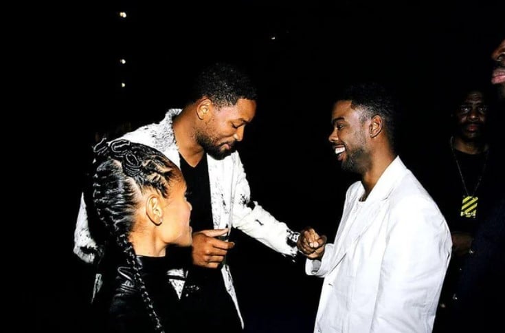 Will Smith, Jada Pinkett Smith e Chris Rock durante gesta do MTV Music Awards, em 1999, no Lincoln Center, em Nova Iorque.