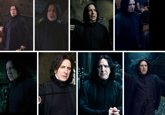 Nos filmes de Harry Potter (2001-2011), o trage de Snape foi o único que nunca mudou. De acordo com a figurinista Jany Temine, ele 