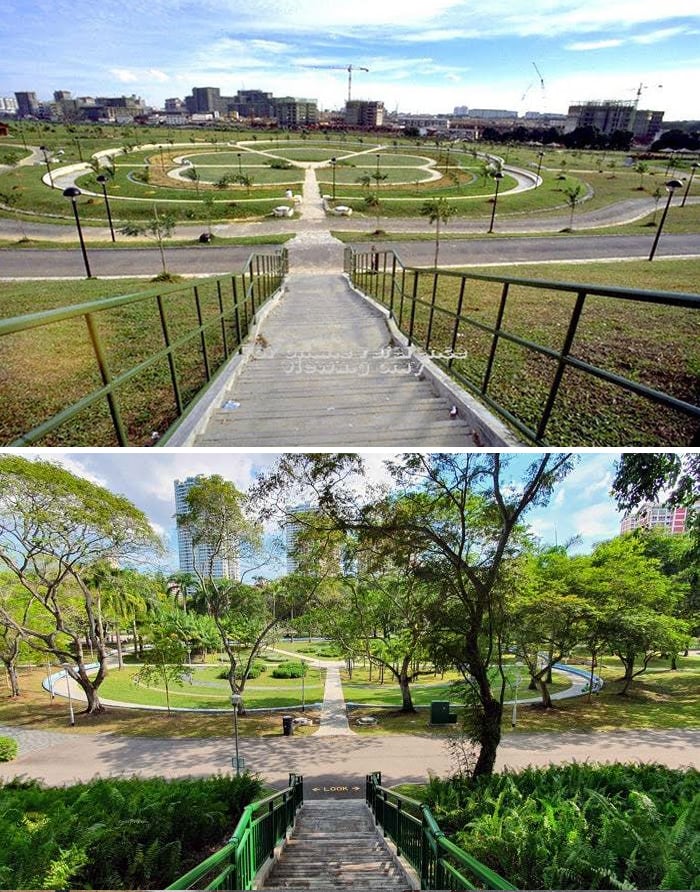 Parque Bishan, 30 anos de diferença. Foto de cima, 1988 - foto de baixo, 2020