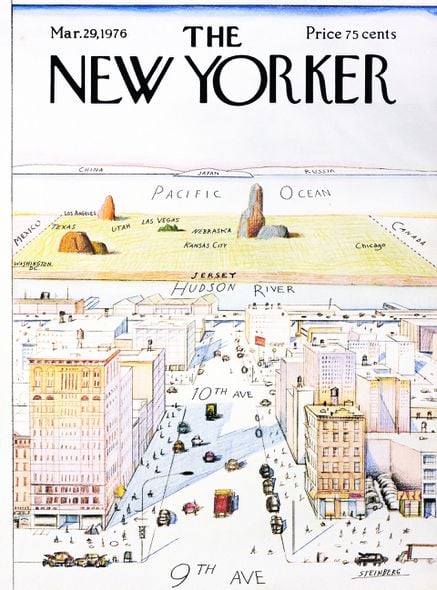 Em março de 1976, a revista The New Yorker trouxe uma ilustração que representava como os nova-iorquinos enxergavam o mundo. A revista esgotou rapidamente das bamcas.