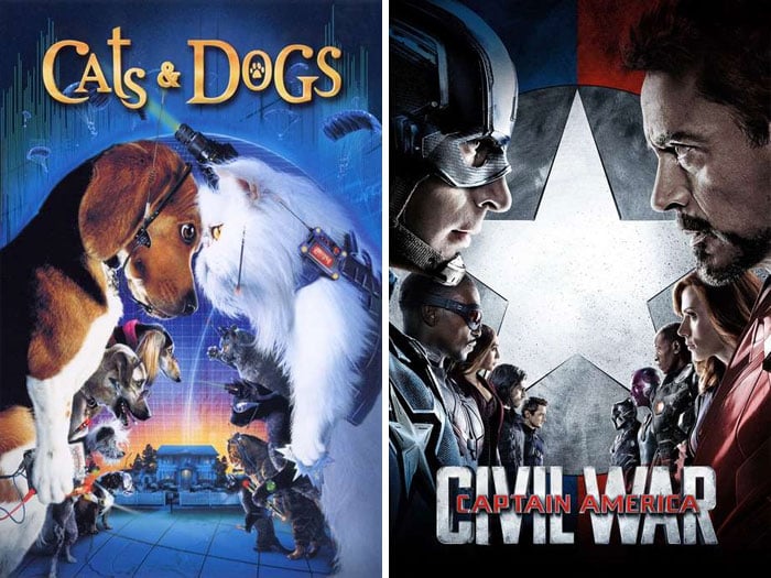 Como Cães e Gatos (2001) vs Capitão América: Guerra Civil (2016)