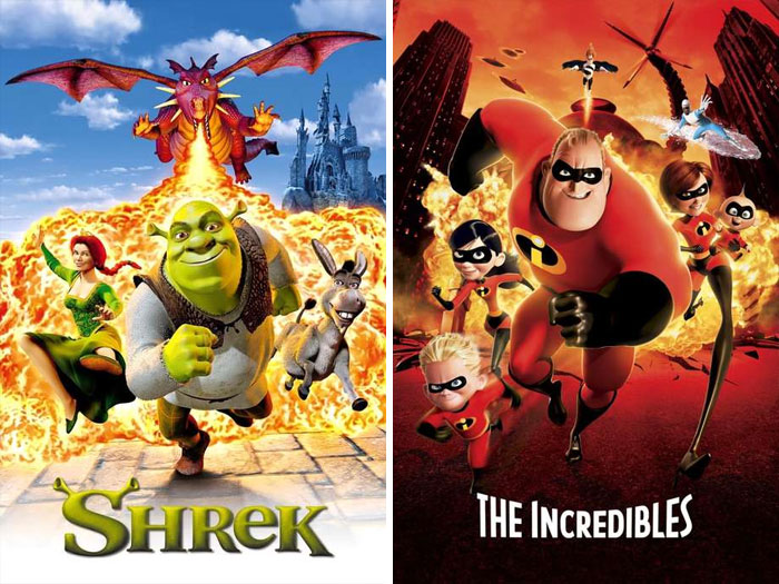 Shrek (2001) vs Os Incríveis (2004)