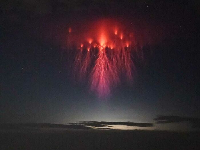 Uma tempestade pode às vezes dar origem a um fenônemo raramente visto na atmosfera da Terra: relâmpagos vermelhos chamados strites, que se parecem com águas-vivas.