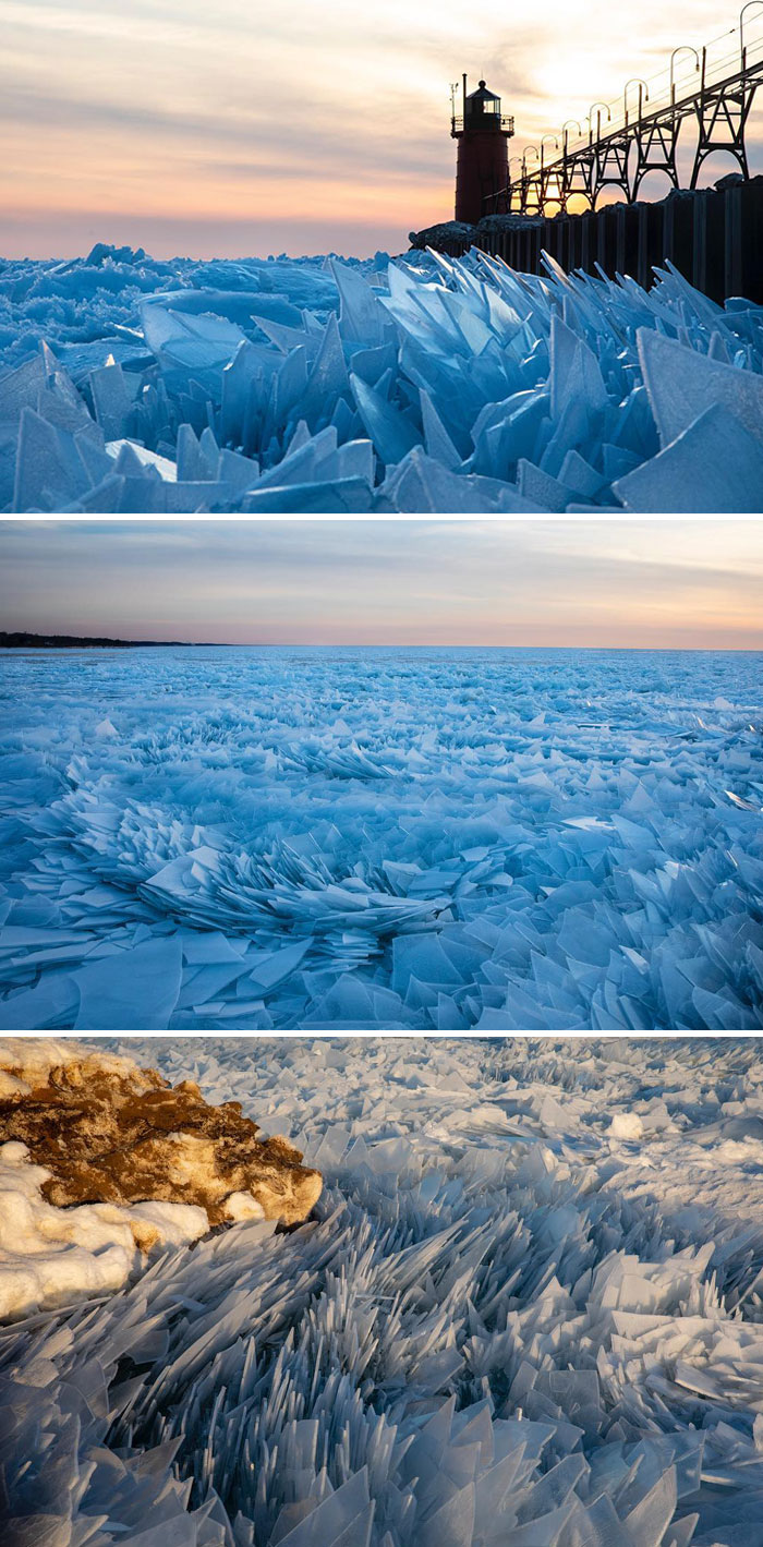 Devido à baixa temperatura, o Lago Michigan se despedaçou em inúmeros pedaços de gelo