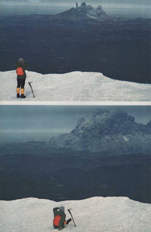 Foto de um aventureiro assistindo a erupção do Monte St. Helens do Monte Adams