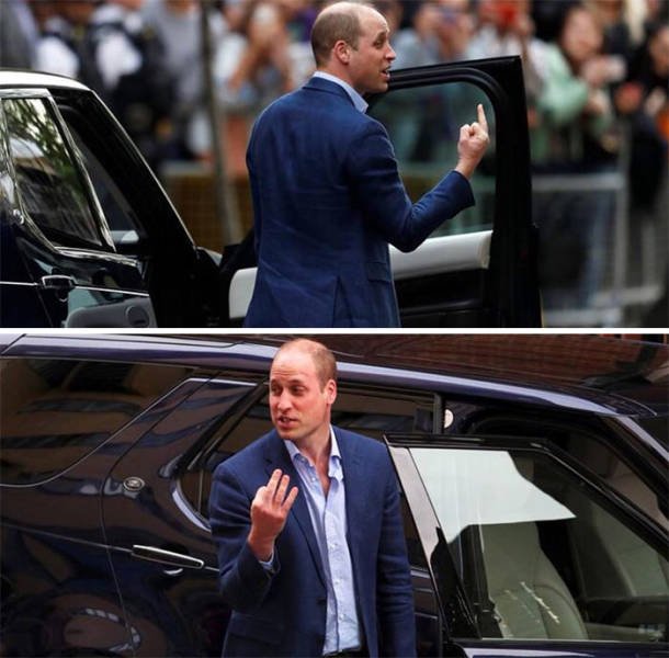 Príncipe William supostamente dando dedo do meio para alguém após o nascimento do príncipe Louis. Porém, o ângulo mostra o que realmente aconteceu