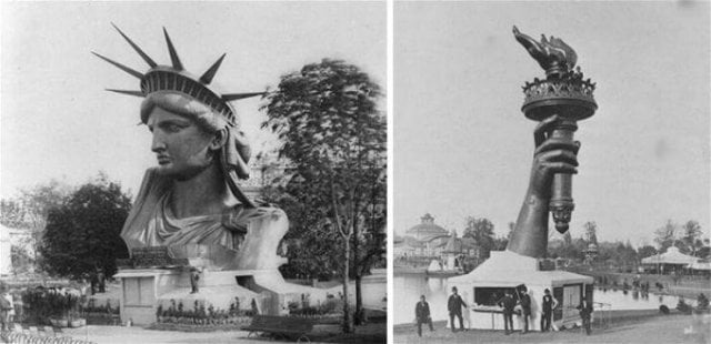 A Estátua da Liberdade na Feira Mundial de Paris, em 1878, antes de ser totalmente montada e enviada para os Estados Unidos