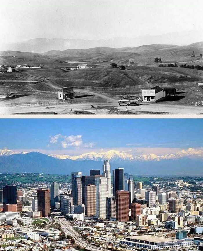Centro de Los Angeles fotografado em 1901, e novamente em 2001, exatamente 100 anos depois.