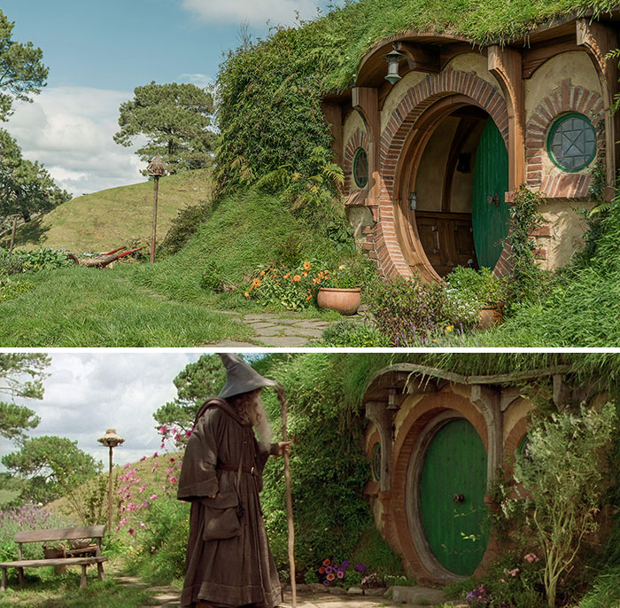 Bag End - Hobbiton Movie Set (na cidade de Matamata, na Nova Zelândia). Aqui só pode ser encontrada a fachada da casa do Bilbo Bolseiro, porque o interior foi filmado em um estúdio em Wellington.