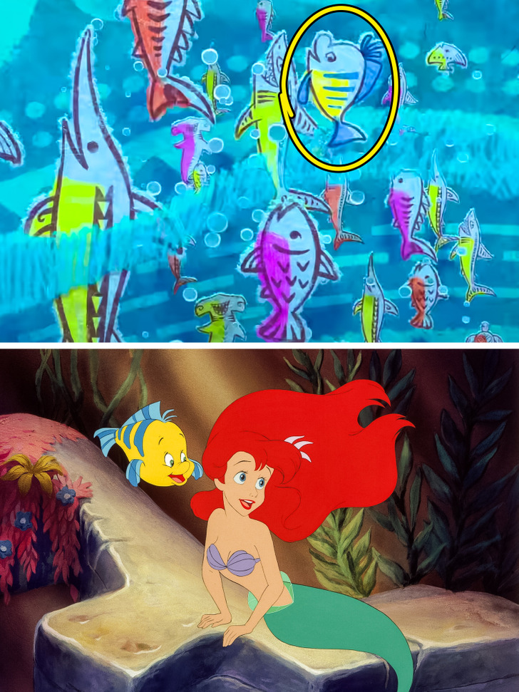 O adorável amigo peixe de Ariel, o Linguado, em A Pequena Sereia (1989) pode ser visto em outro filme de aventura no oceano. Ele pode ser visto nadando com um cardume de peixes enquanto Maui canta 