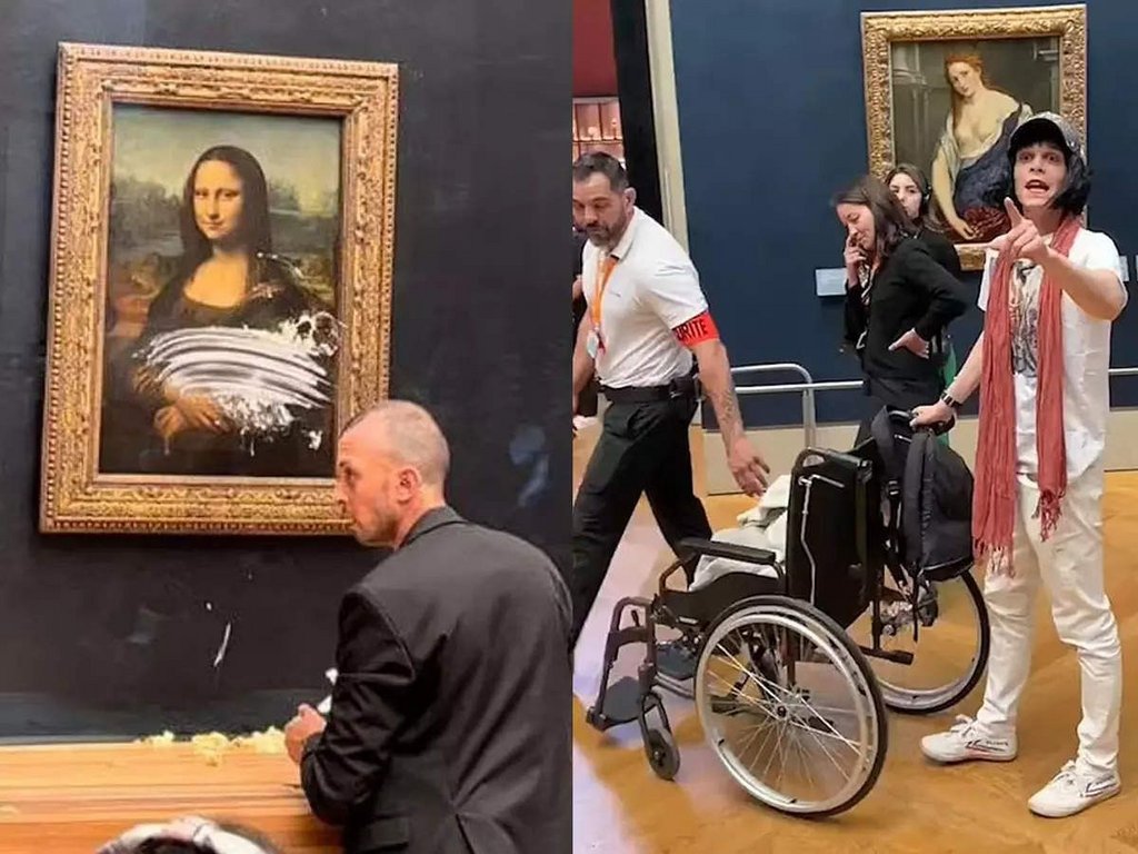 Um homem disfarçado de idosa em cadeira de rodas se levantou e jogou um bolo na Mona Lisa, no Museu do Louvre, em Paris. O quadro, no entanto, é protegido por um vidro, então a pintura não foi atingida.