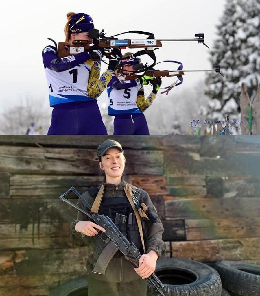 Khrystyna, uma biatleta ucraniana que mudou de arma para atuar na guerra. 