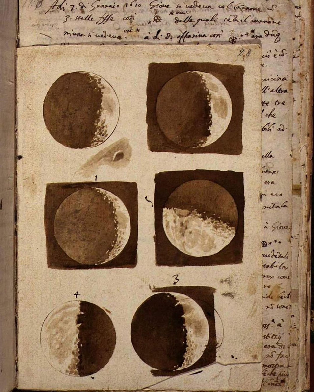 Os primeiros desenhos da lua feitos por Galileu Galilei depois de observá-la através de seu telescópio, em 1609.