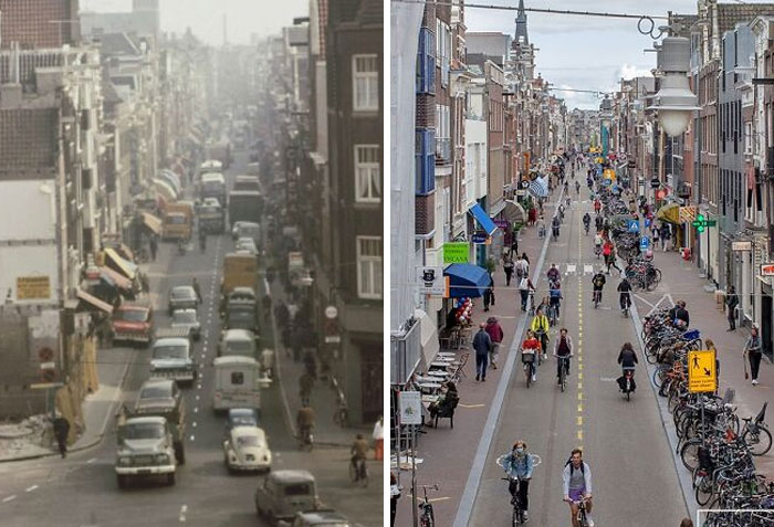 Rua Haarlemmerdijk, em Amsterdã, Holanda (1971 e 2020)