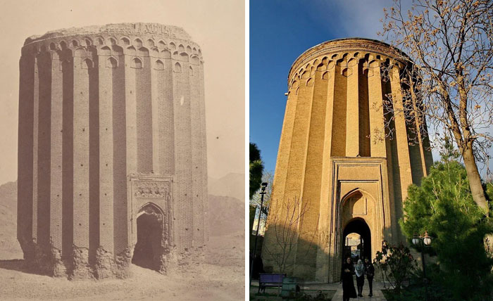 Torre Toghrol de 1000 anos na cidade de Rey, Irã. Primeira foto tirada em 1840