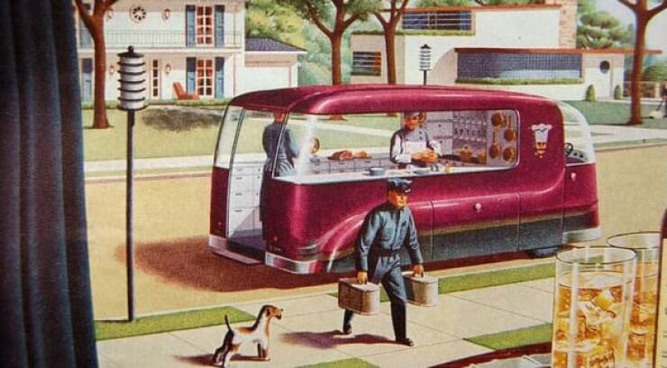 Visão dos anos 1940 sobre o futuro dos entregadores de alimentos.
