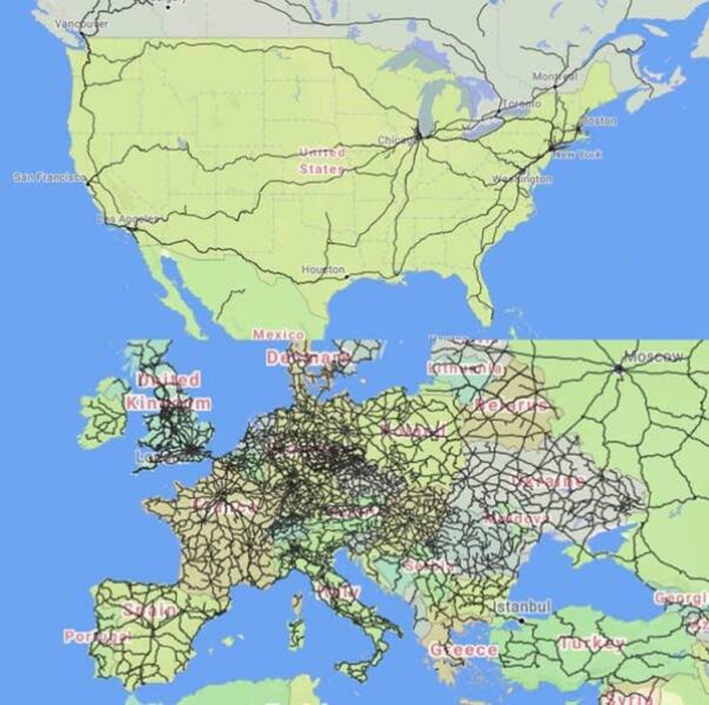 Este é aproximadamente o número de trens de passageiros que existem nos EUA em comparação com a Europa